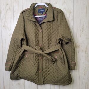Lands' End Primaloft Olive Green Quilted Button Down Belted Coat